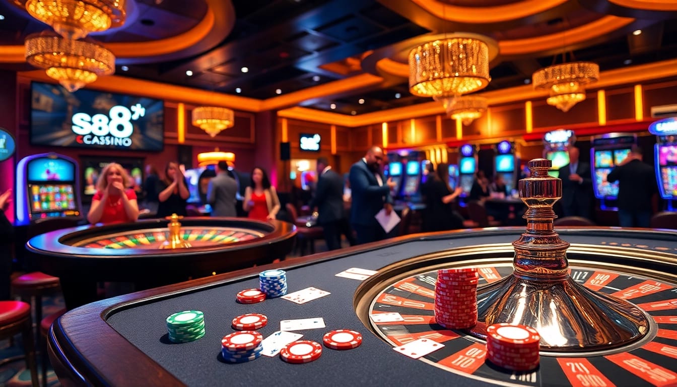 Exciting gameplay scene at s8casino featuring vibrant slot machines and happy players.