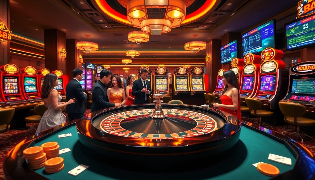 Experience engaging gameplay at Trang chủ sin88 featuring a luxurious casino atmosphere with vibrant roulette tables.