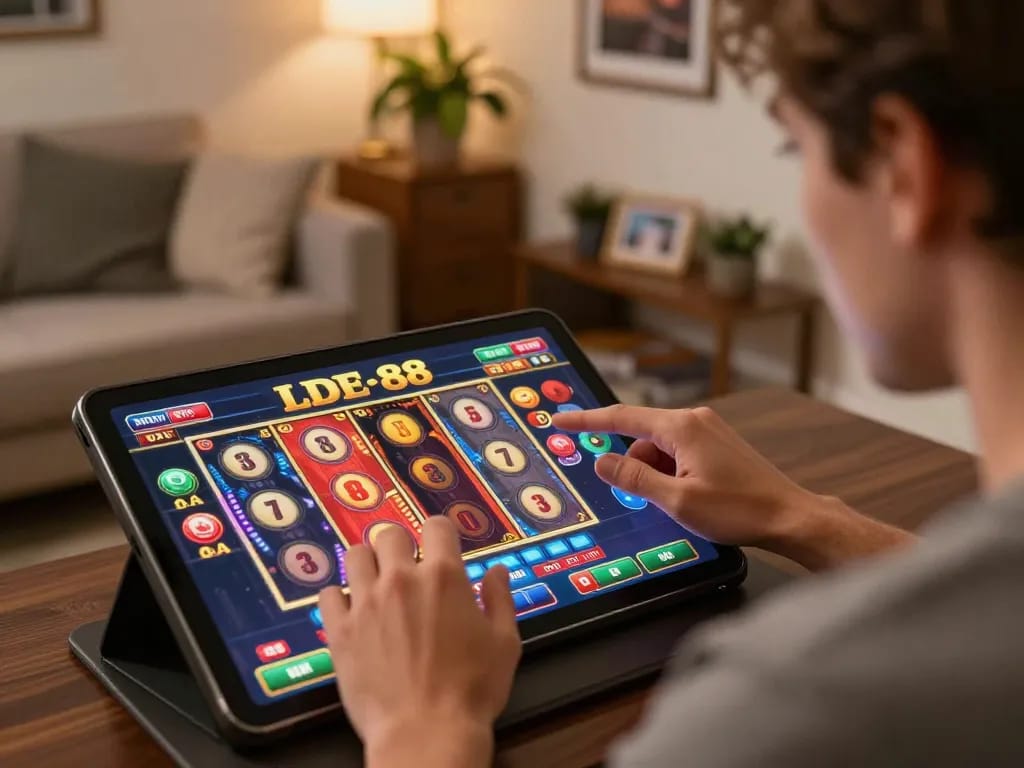 Player immersed in LODE 88 online gaming, engaging with colorful slot reel interface