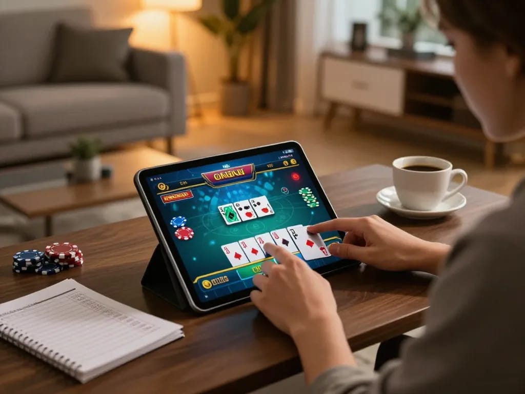 Engaging gameplay on ev99 com with user immersed in online poker, showcasing strategic bankroll management