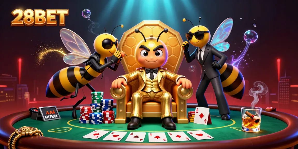 Experience 28BET with a dynamic casino-themed illustration showcasing excitement and camaraderie in gaming.