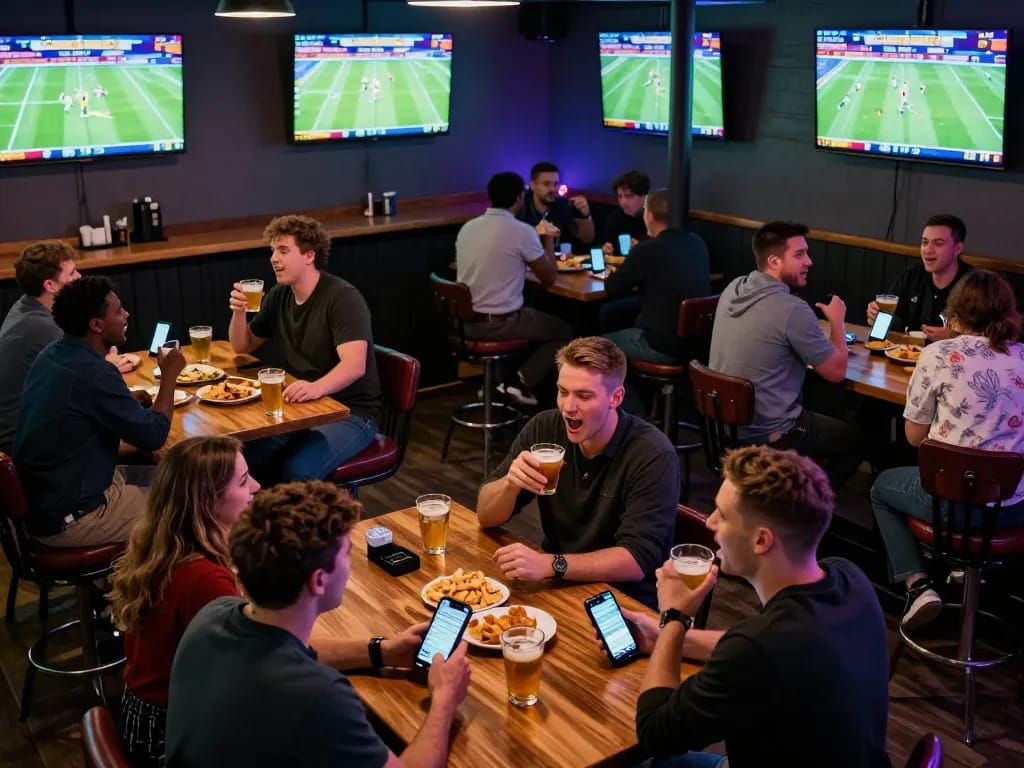 Engaging atmosphere at a sports bar with patrons actively betting on vu88a events