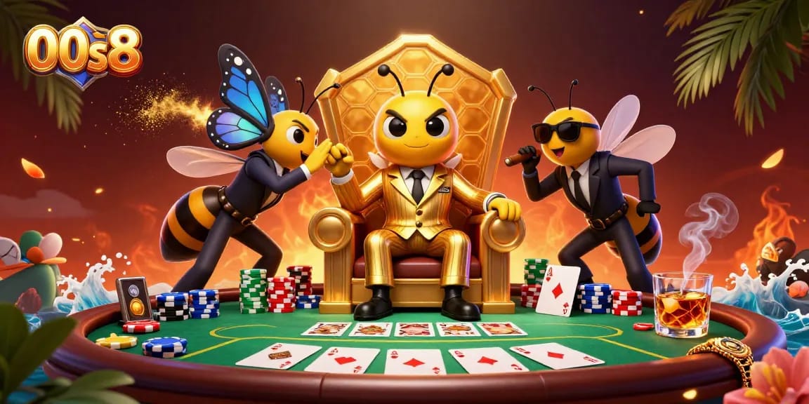 00s8 poker showdown illustration showcasing a bumblebee mob boss and game elements.