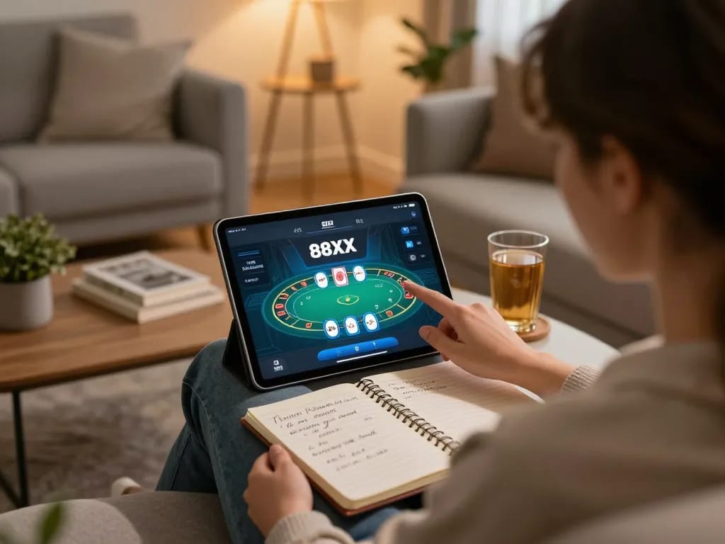 Engaging user placing bets on Link 8XX app in a cozy home environment with strategic notes.