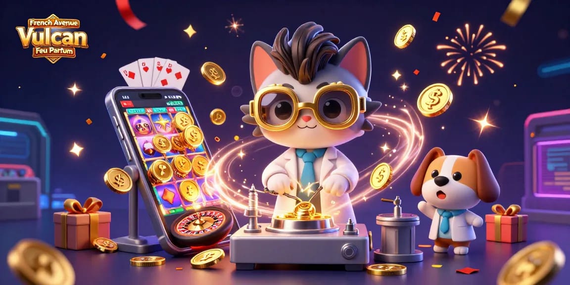 Experience the thrill of French Avenue Vulcan Feu Parfum with captivating golden coin action in this vibrant casino scene.