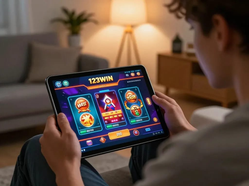 Player engaged with the 123WIN app in a cozy home setting for online casino gaming.