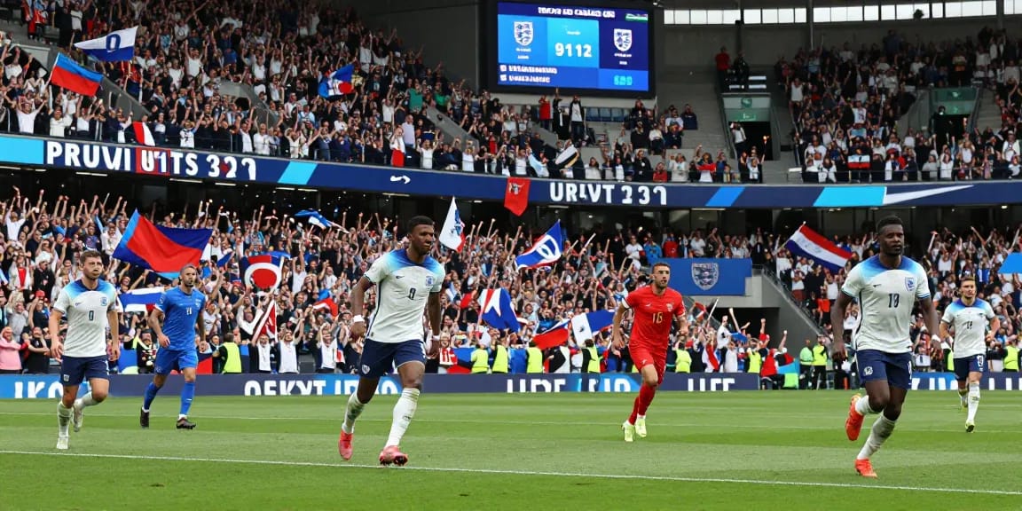 Engeland voetbalwedstrijd met spelers in actie en enthousiaste fans in het stadion.