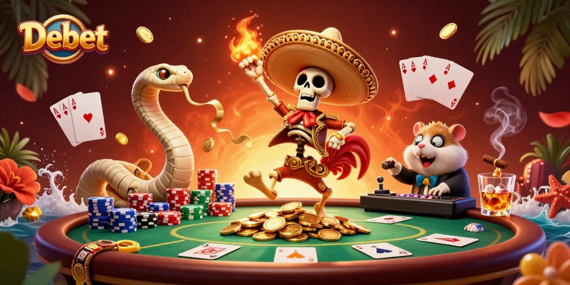 Celebrate big wins at Debet with a lively 3D illustration showcasing festive casino themes and vibrant characters.