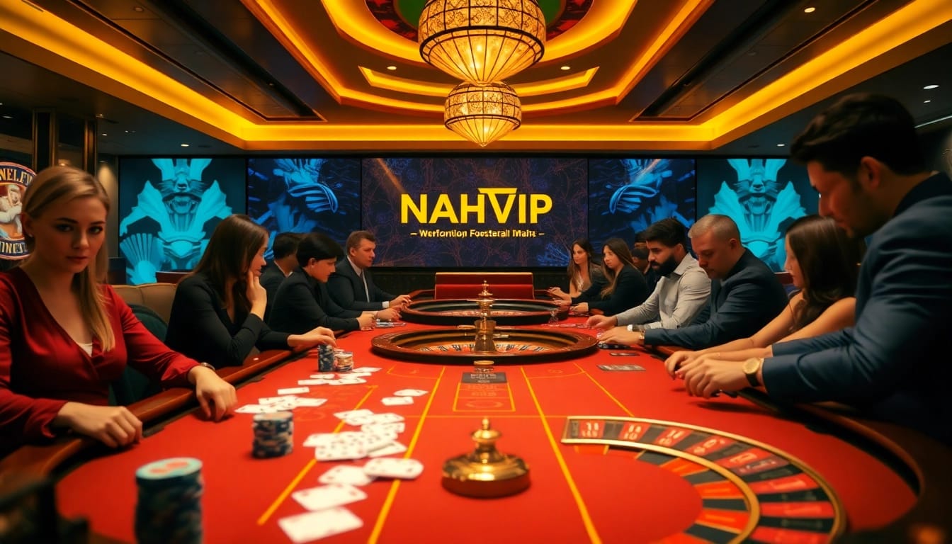 Experience high-stakes gaming at NHATVIP's luxurious casino table with excited players.