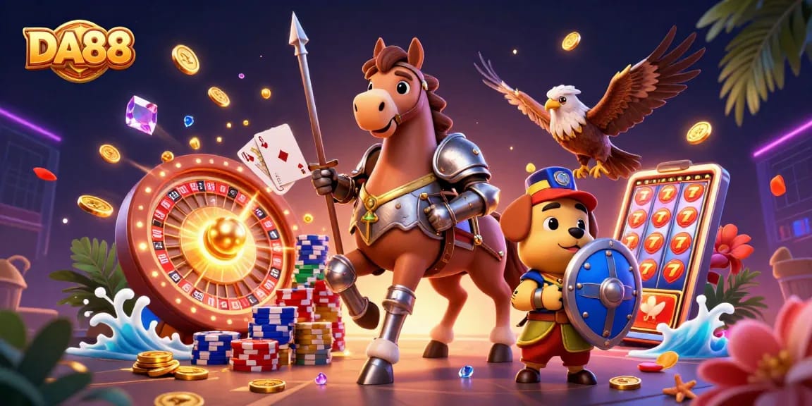 Experience thrilling gameplay with DA88's captivating casino scene featuring knights, sparkling gems, and a vibrant atmosphere.