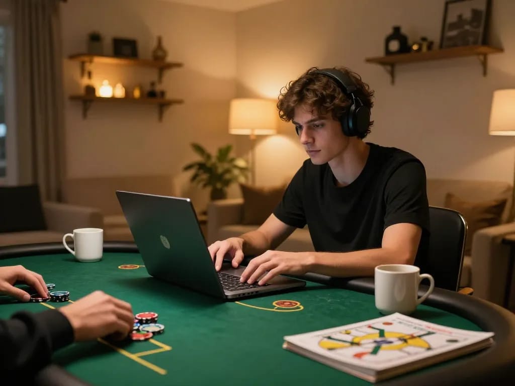 Player strategizes poker gameplay on a laptop at home, highlighting 8kbet.com.