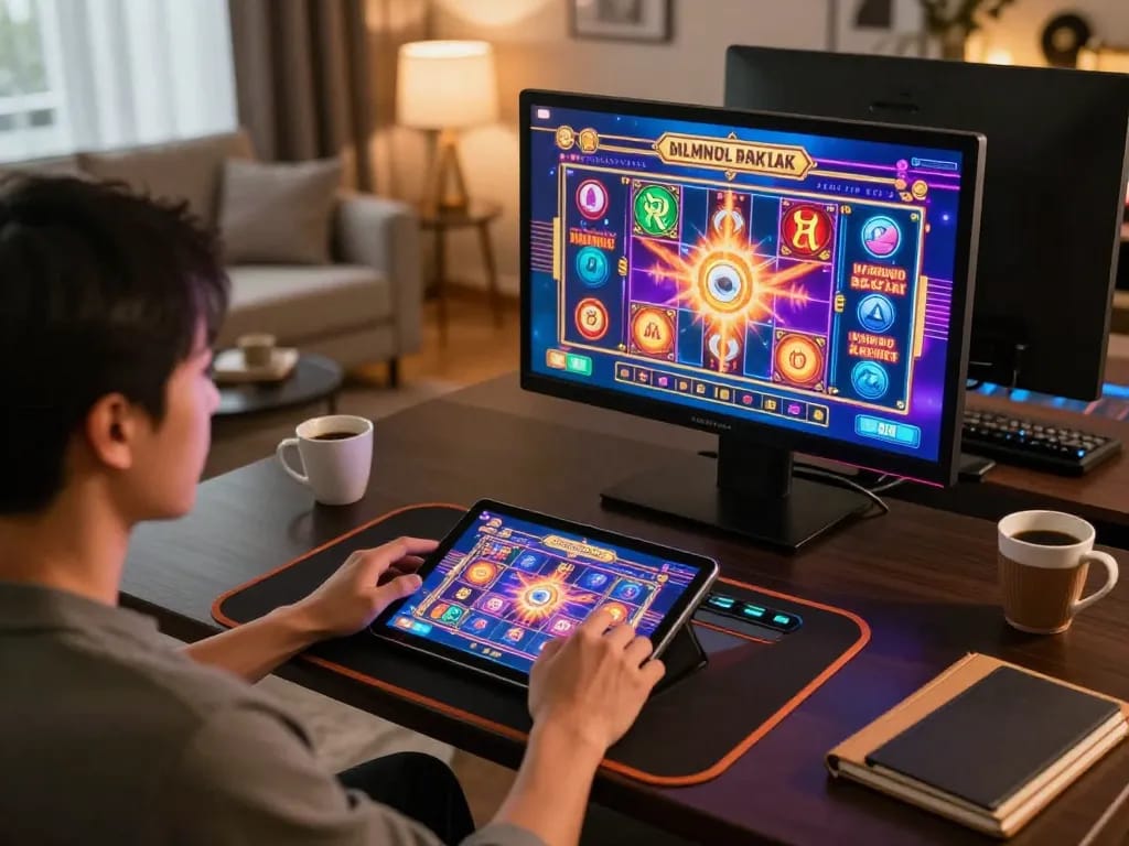 Engaging in online gaming at home with DA88 on tablet, showcasing vibrant slots