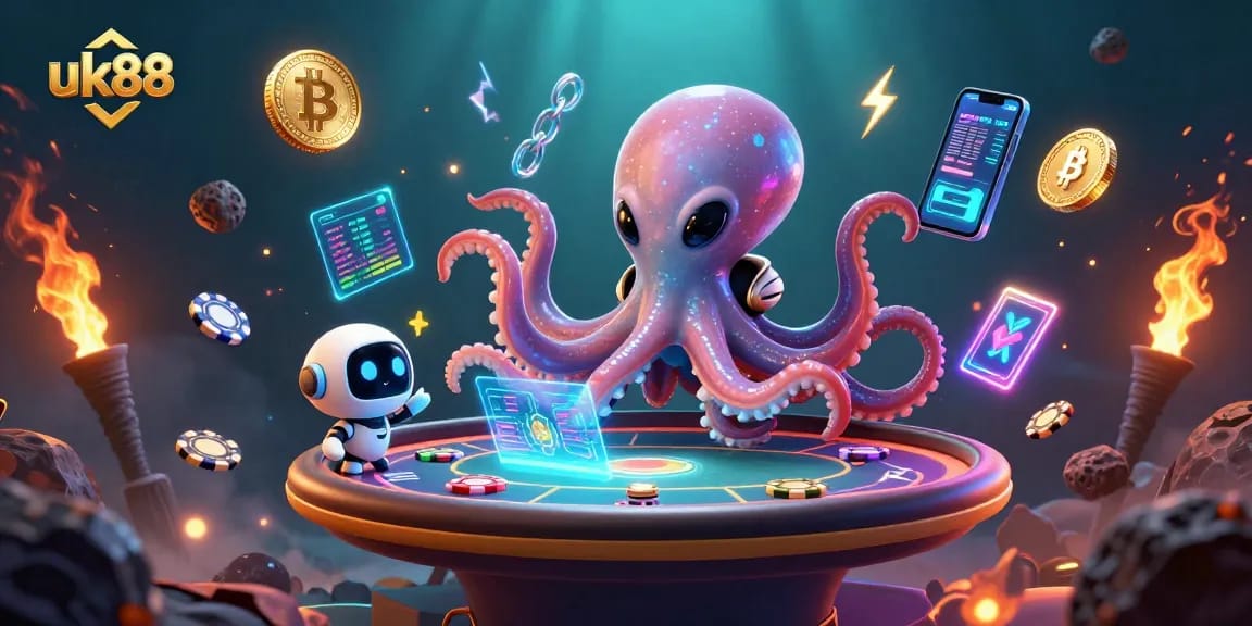 Experience exciting gameplay with uk88's vibrant casino universe featuring an alien octopus and holographic poker.