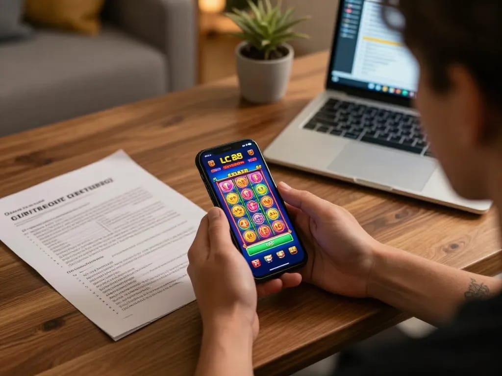 Player engaging with the LC 88 casino app, analyzing strategies in a cozy home environment.