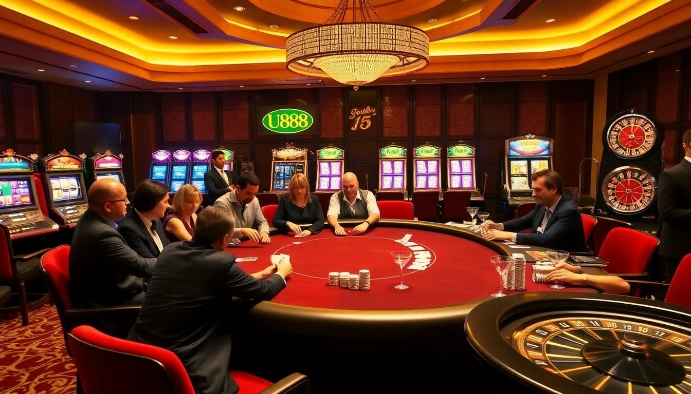 Experience the thrill of U888 at an upscale casino table, showcasing poker action and vibrant slot machines.