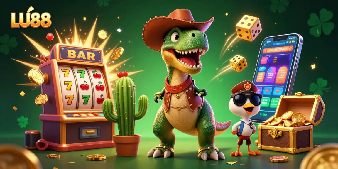 Engage with LU88 through an exciting visual of a dinosaur, cactus, and roadrunner in a vibrant casino scene.
