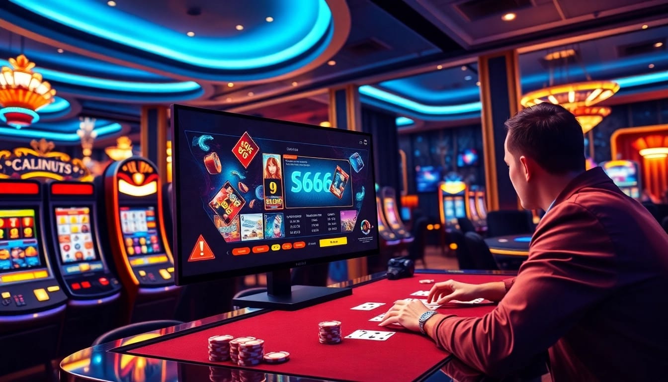 Enjoying thrilling online casino games at S666 with vibrant slot machines and poker chips.
