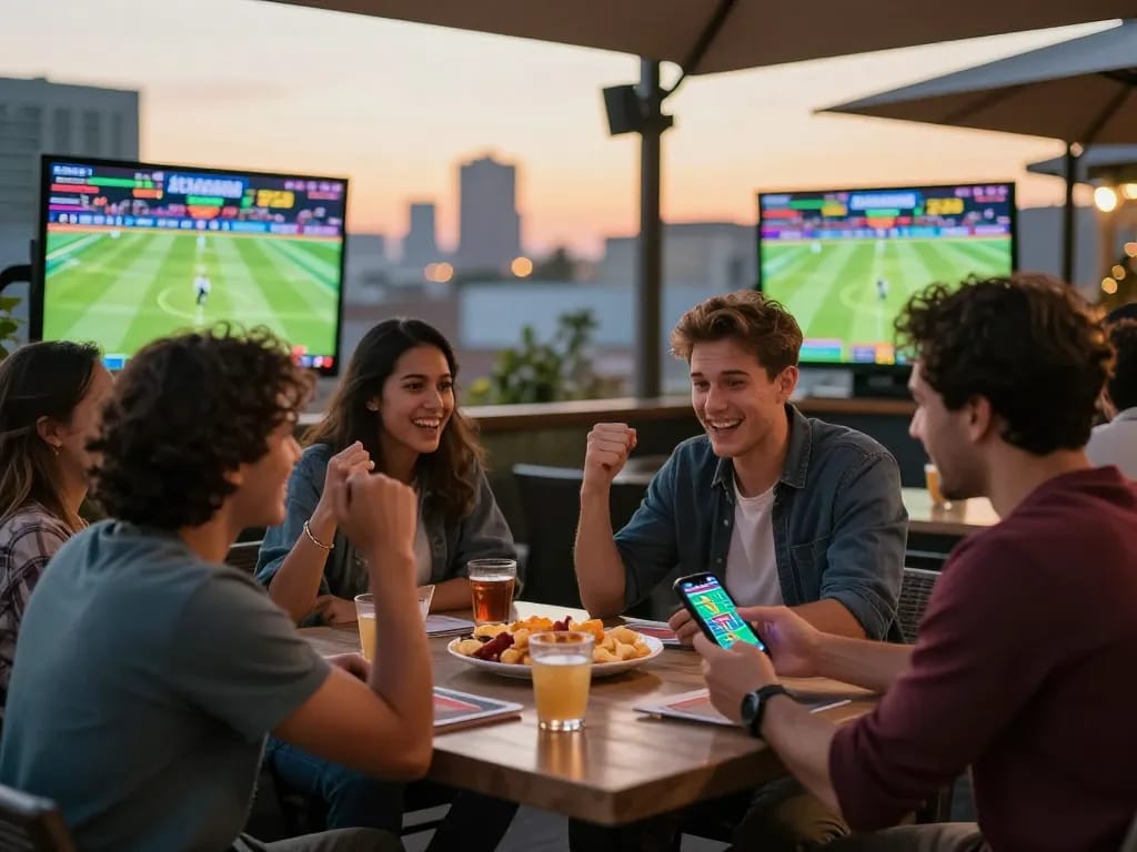 Sports enthusiasts at nhà cái 11BET placing bets and cheering for teams on a vibrant terrace.