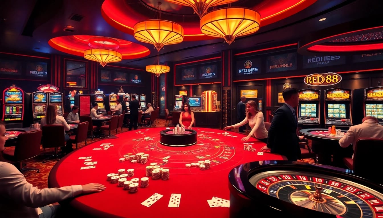 Experience the thrill of RED88 with a vibrant casino scene showcasing slot machines and poker tables.
