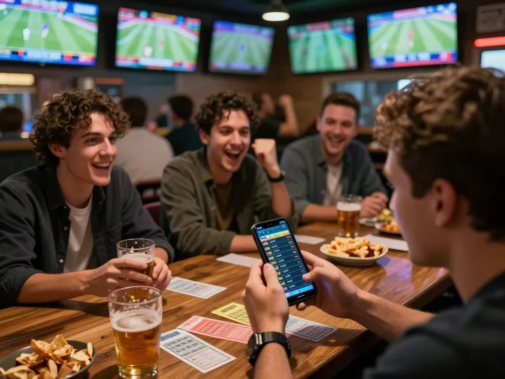 Engaged bettor analyzing HITCLUB odds on mobile app in a vibrant sports bar filled with excitement.