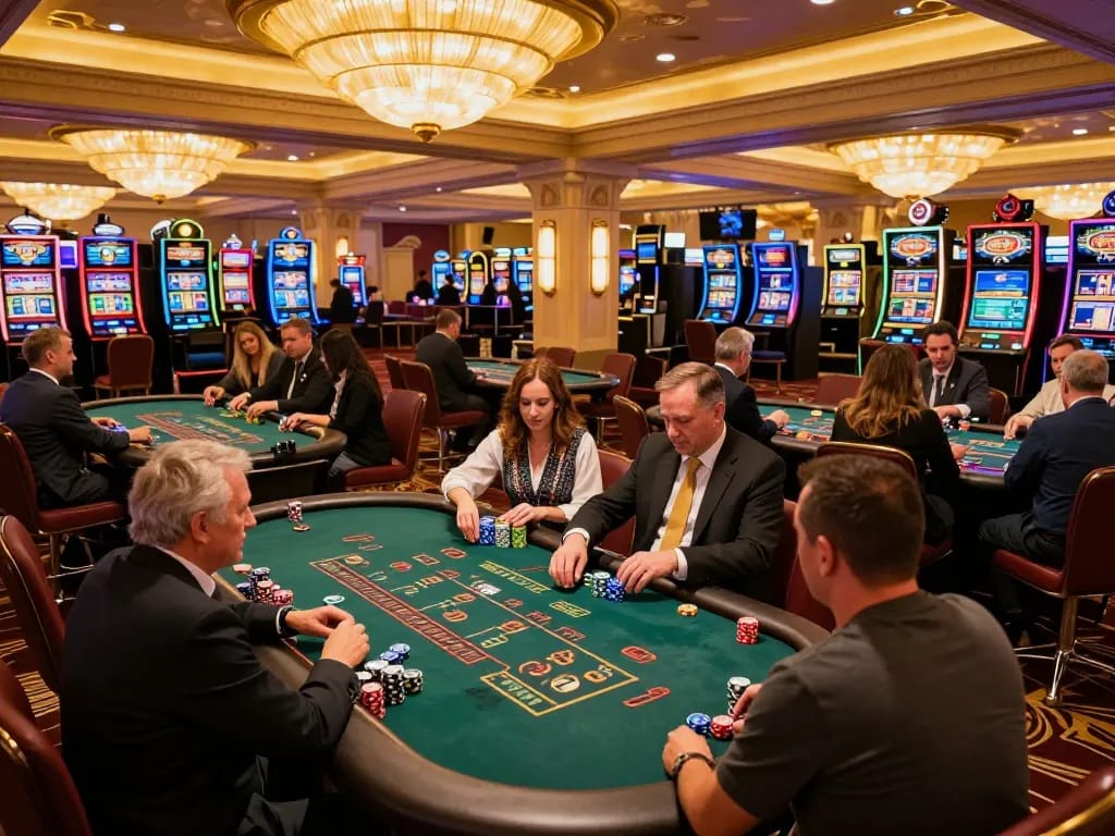 Players strategizing at blackjack tables in a vibrant Vegas casino with hm88 ambiance.