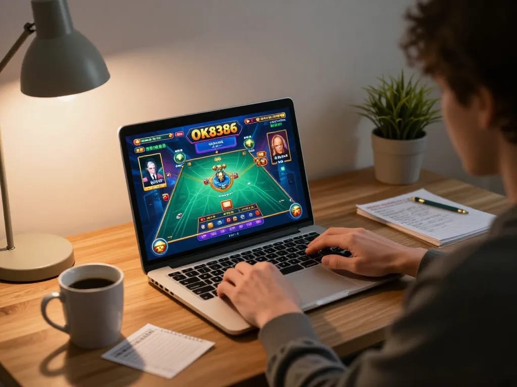 Engaging in online casino games at OK8386 from a cozy home setup, illuminating a comfortable gaming experience