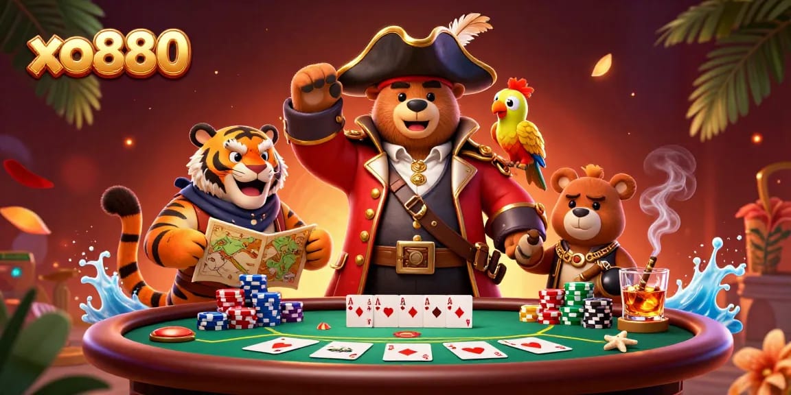 Engage players with xo880 in an exciting, adventurous casino setting featuring a bear pirate, tiger, and parrot.