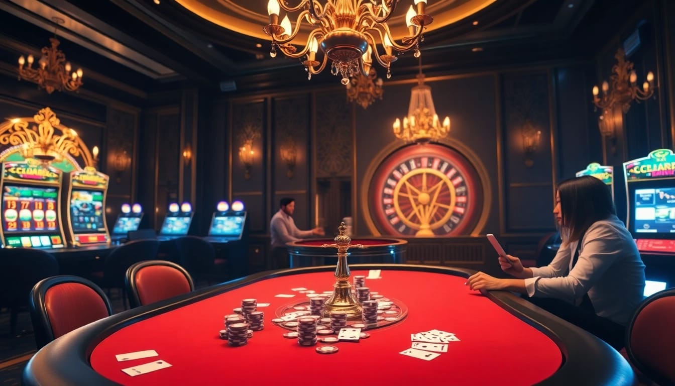 Experience thrilling moments at a casino featuring a 7m poker table filled with high-stakes chips and cards.