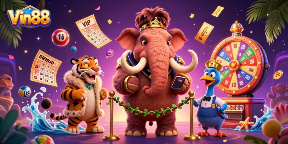 Vin88 welcomes players with a vibrant casino scene showcasing lively characters and lottery elements.