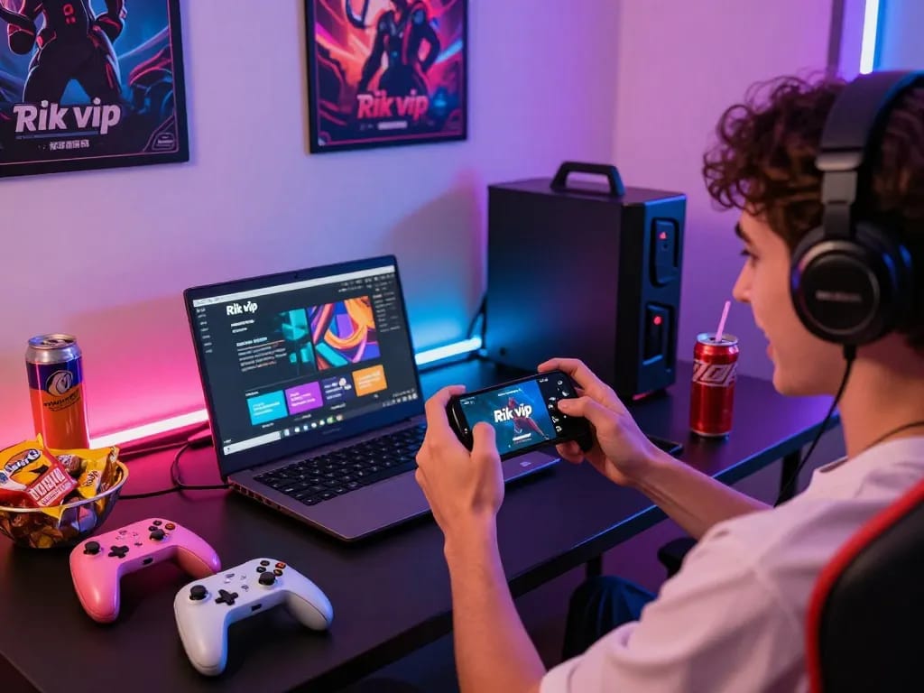 Excited gamer using Rik vip app on smartphone, illustrating tải rikvip experience amidst vibrant gaming setup.