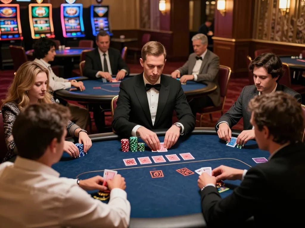 Intense poker game scene at an upscale casino, showcasing players and dealer action with chips for SKY88