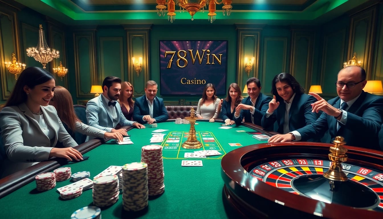 78Win poker table scene with vibrant chips and cards, showcasing casino thrills.