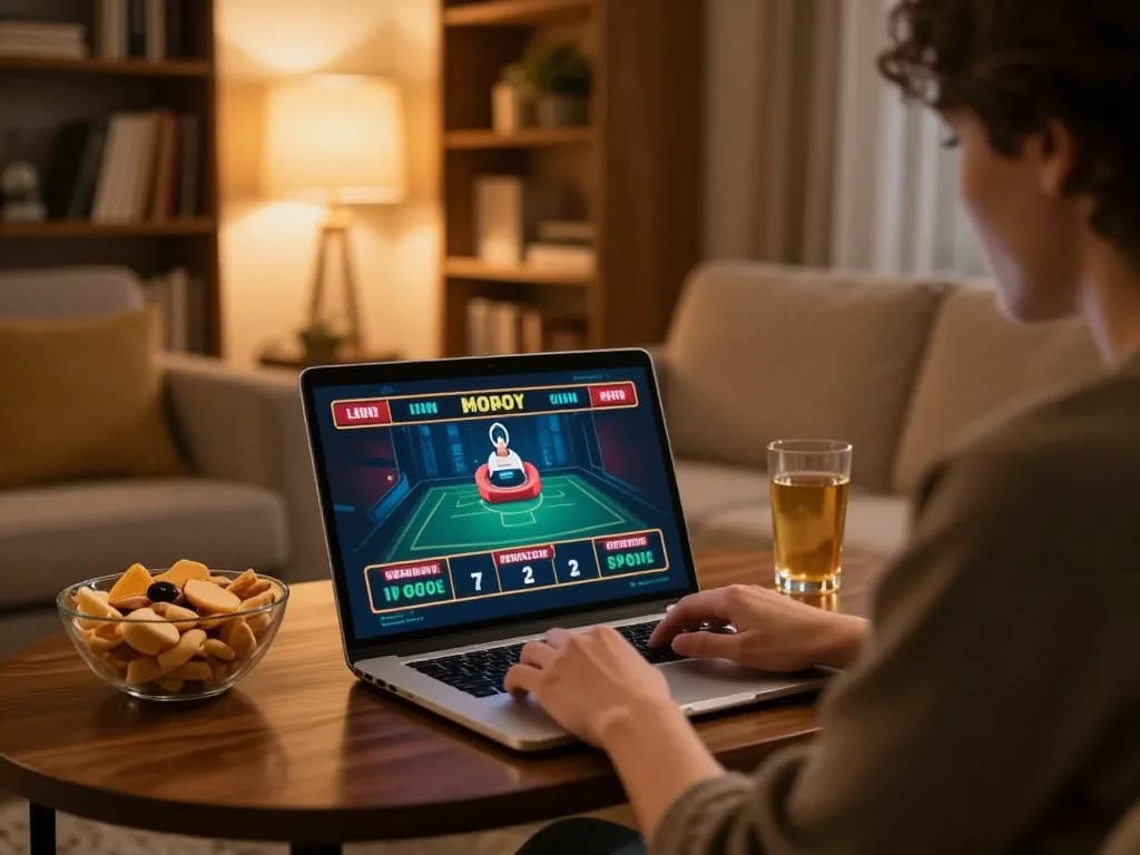 Engaging in online betting at nhà cái mm88 with live dealer game and cozy home setup.