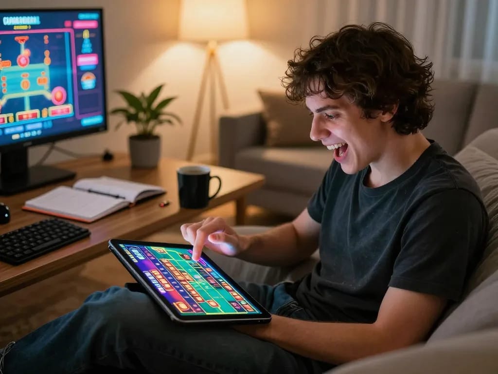 56WIN player engaged in live casino gaming on a tablet in a cozy home setting
