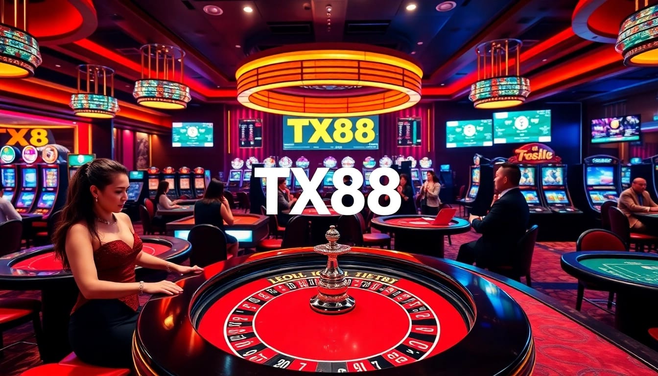 Experience thrilling gaming action at tx88 trang chủ with various gambling tables and vibrant slot machines.