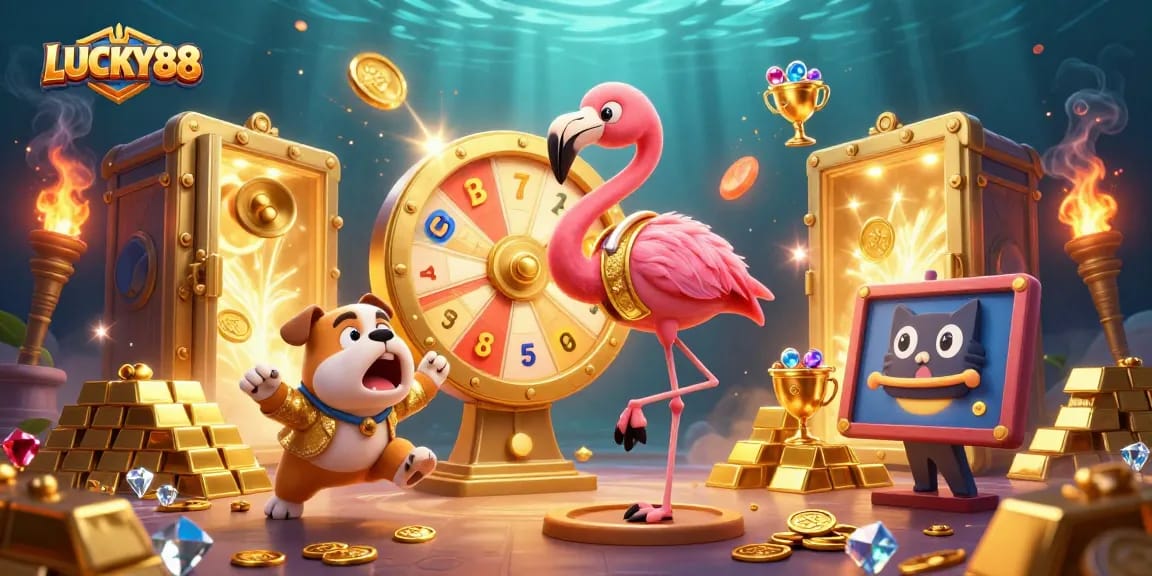 LUCKY88 offers thrilling gameplay as a cheerful bulldog celebrates wins with the flamingo host, surrounded by treasures.