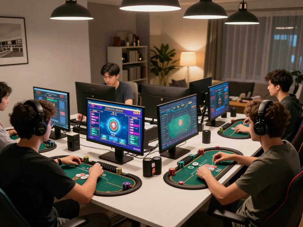Players immersed in a strategic poker game on debet23, showcasing intensity and concentration.