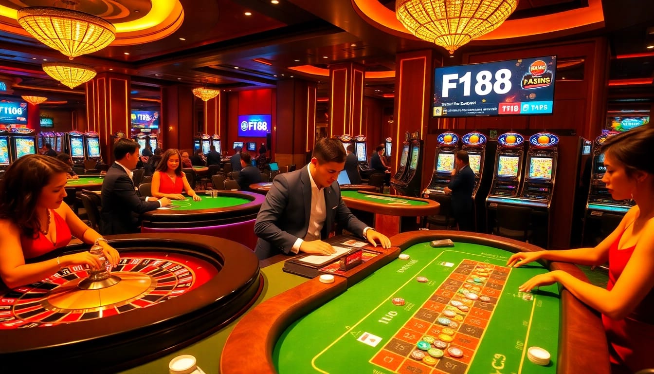 F168 players enjoying an exciting casino atmosphere with roulette, poker, and vibrant slot machines.
