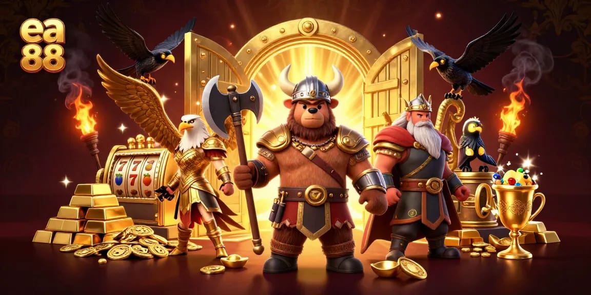 Experience the thrill of winning with ea 88, featuring a Viking berserker bear and Valkyrie eagle amidst gaming riches.