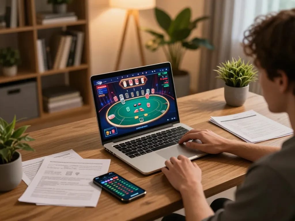 Engaging in online poker on https://566.beauty/ with vibrant graphics, warm ambiance, and strategy notes visible.
