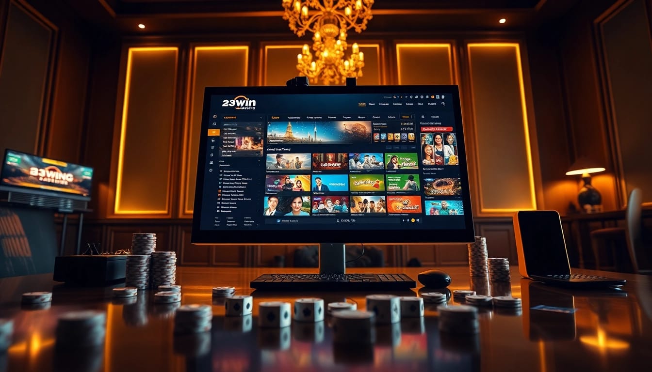Experience the luxurious online gaming environment of 23win with a captivating desktop setup and vibrant visuals.
