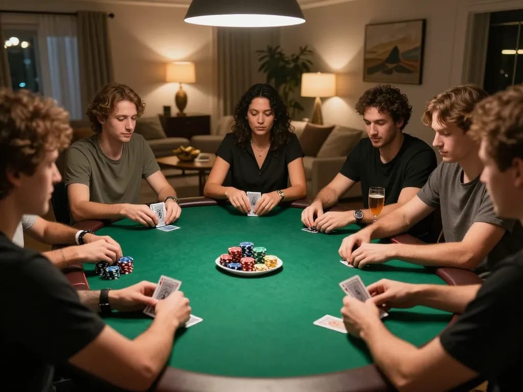 vin88a poker night with friends, engaging gameplay, competitive atmosphere in a warm home setting