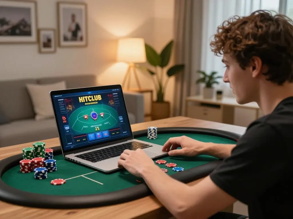 Player immersed in HITCLUB poker action on laptop, vibrant gambling atmosphere