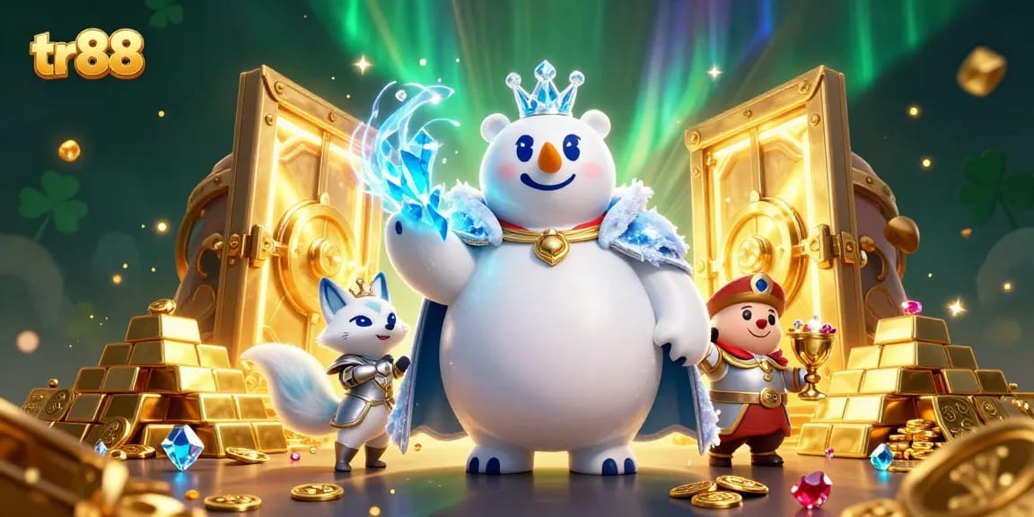 Experience thrilling wins at tr88 with a dazzling casino scene featuring golden treasures and vibrant characters.