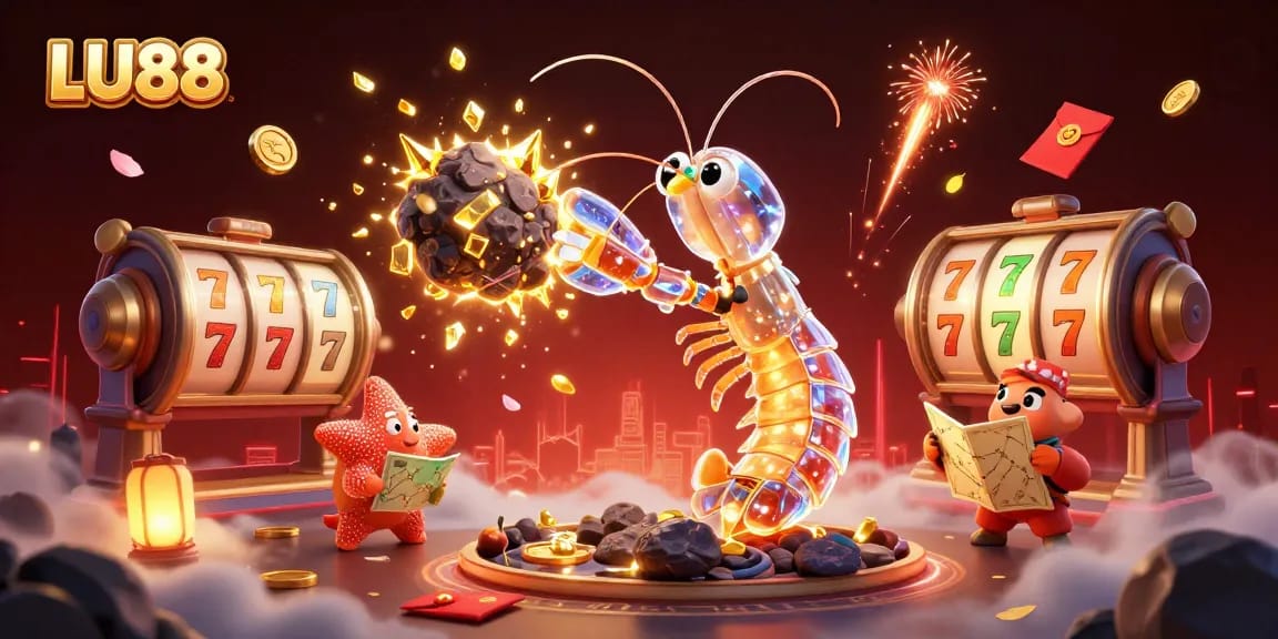 LU88 embodies dynamic gaming action with a galactic shrimp amidst slot reels, gems, and vibrant casino elements