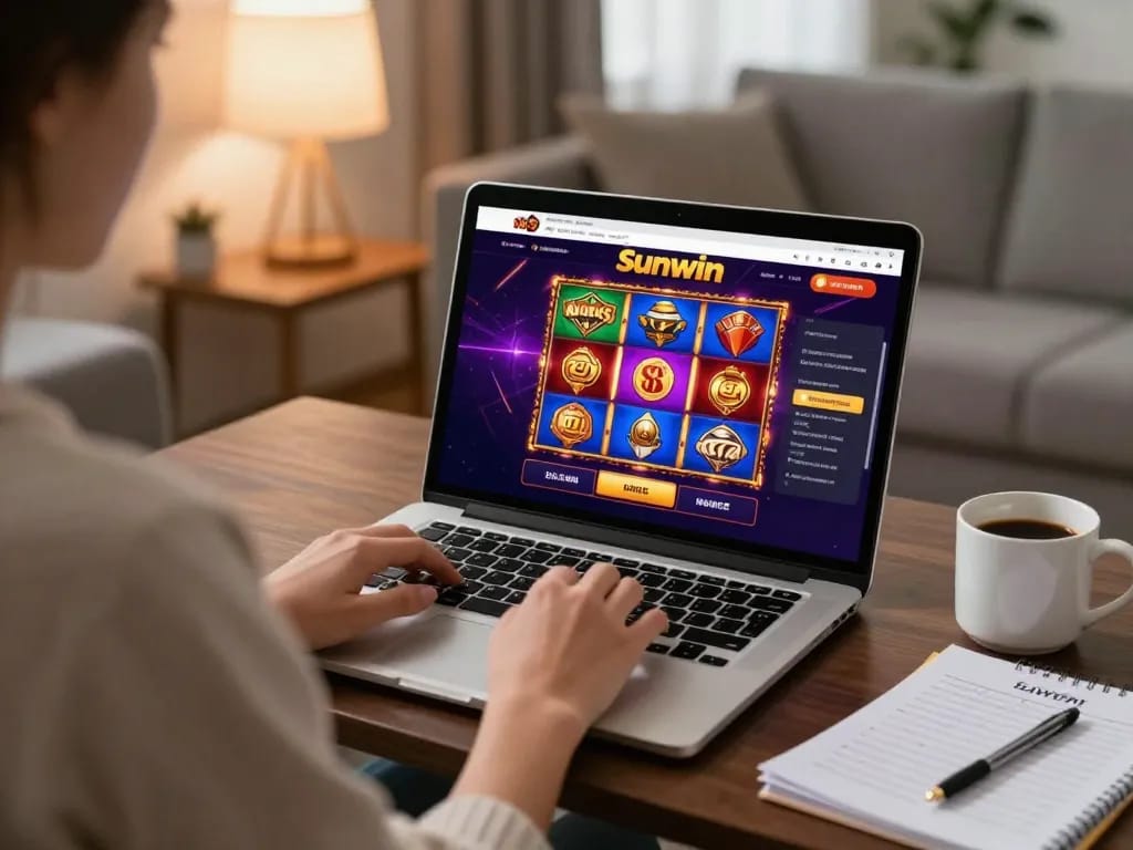 Engaging with Sunwin online casino platform at home, showcasing vibrant slot games on laptop screen.