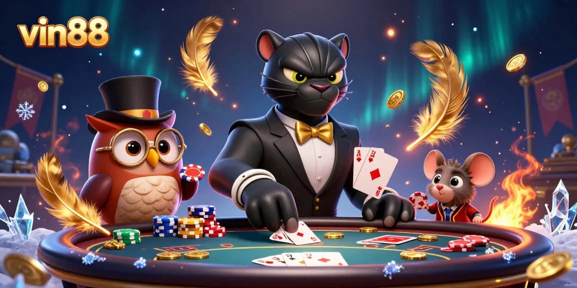 Win big at vin88 with engaging poker action featuring a stylish panther dealer and a charming owl.