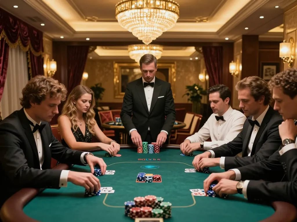 Intense poker gameplay at XOCDIA88's luxurious high-stakes table with focused players.