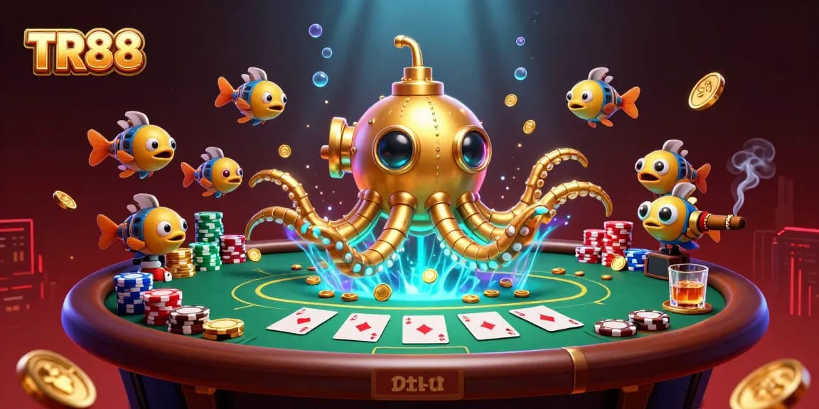 Experience TR88 with a vibrant, action-packed illustration of a kraken submarine in a casino-style sea.