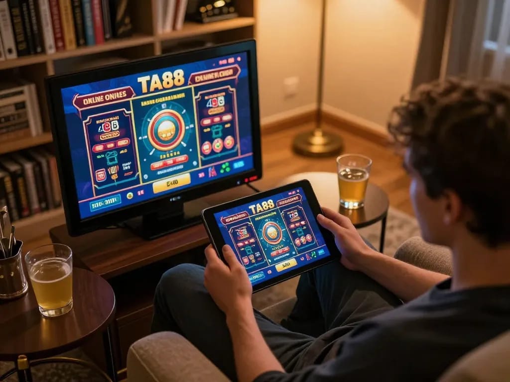 Engaged player using TA88 online casino app on tablet in cozy home setting.